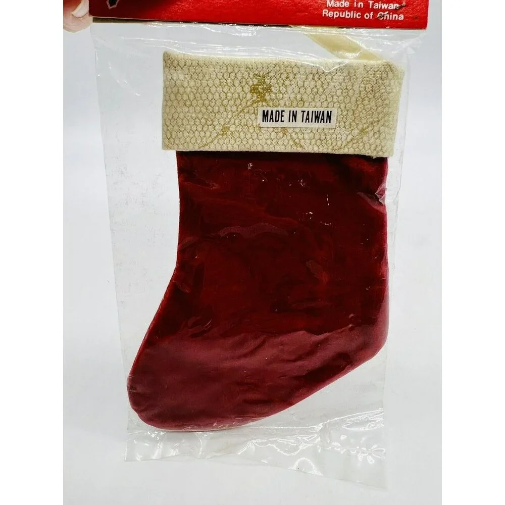 Miniature Christmas Stockings‎ Teddy Bears Red Velvet Lace SSCO Vintage Taiwan